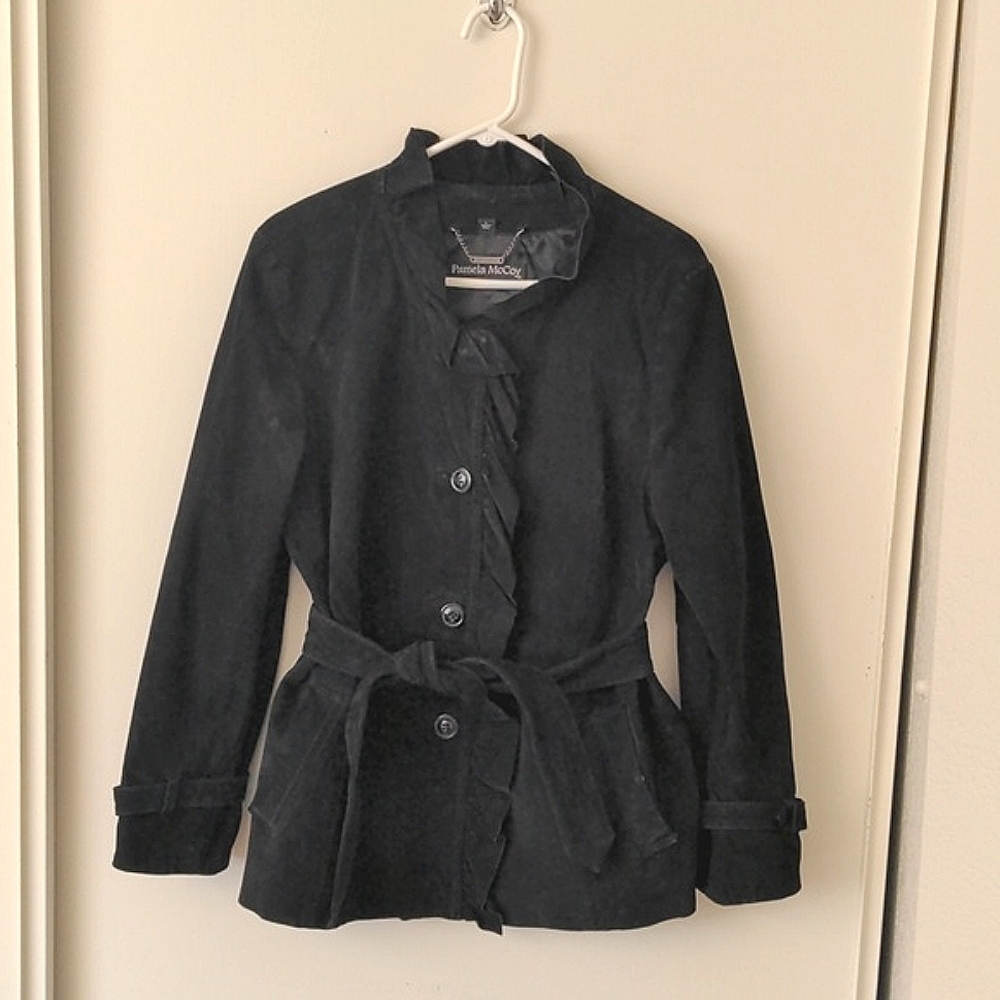 Vintage Pamela McCoy Couture Belted Leather Coat Women's Black Size Large
